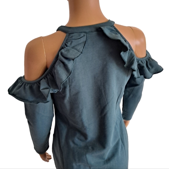 Tracy Negoshian teal ruffle open shoulder jersey dress - Picture 2 of 5